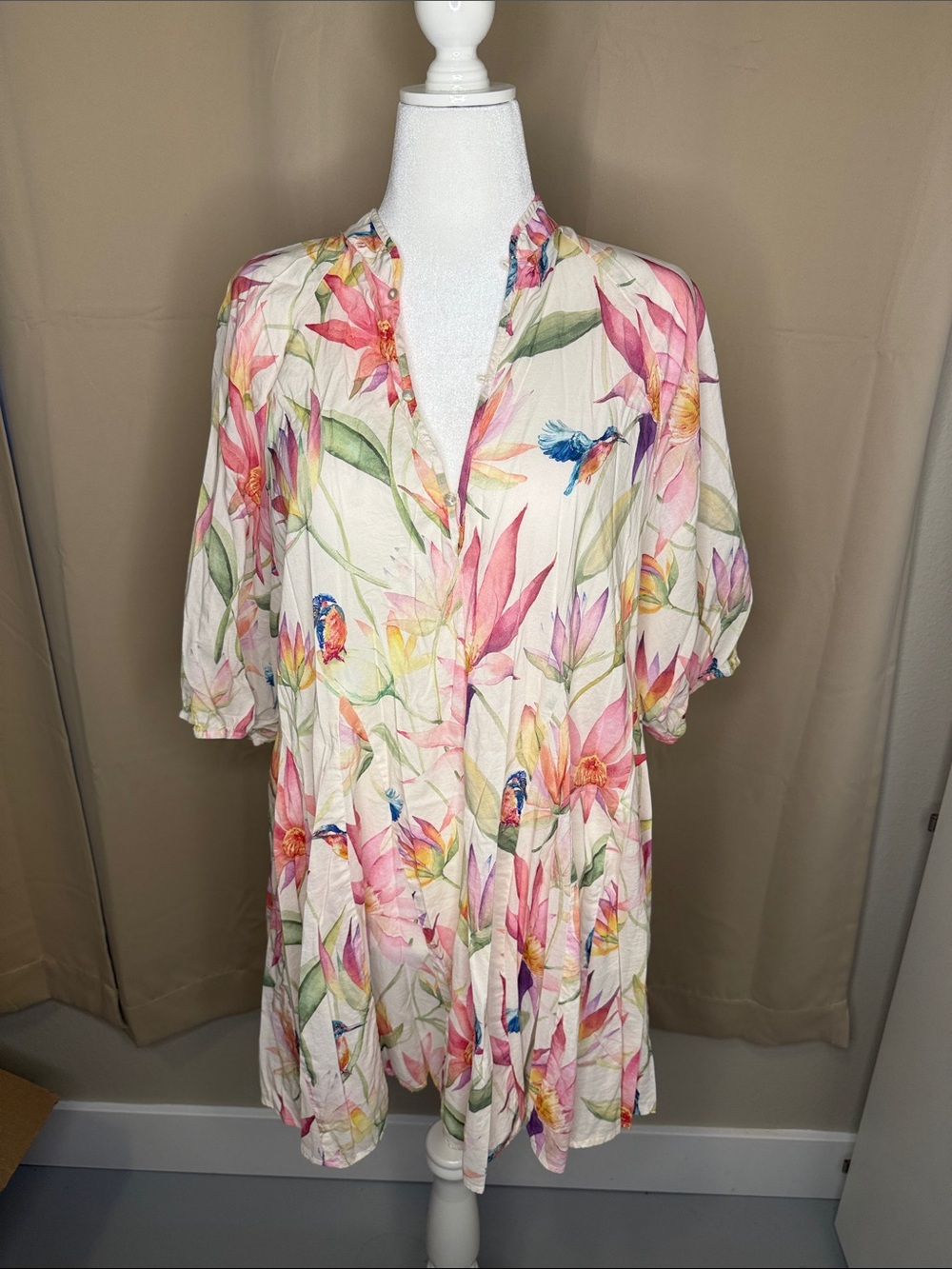Floral Bird Print Tunic Top - Cream with Pink & Green